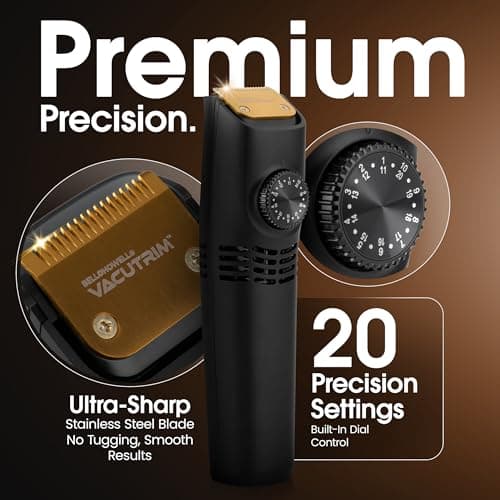 Bell+Howell Vacutrim Cordless Beard Trimmer – Rechargeable Electric Shaver with Built-in Vacuum, 20 Trim Settings, LED Indicator – for Mustache, Sideburns, Facial Hair – Deluxe, 7.5" As Seen On TV