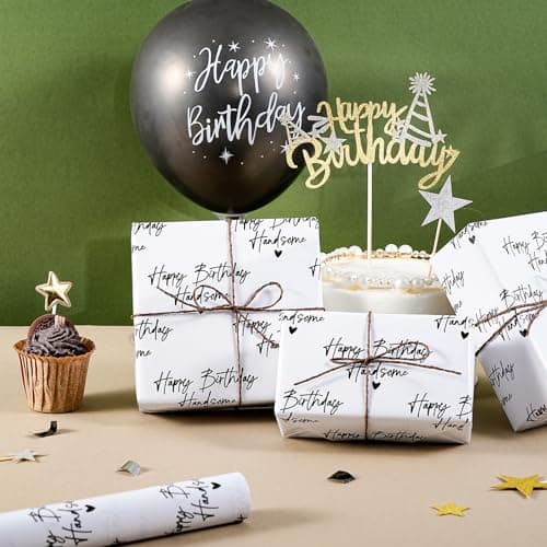 WRAPAHOLIC Birthday Wrapping Paper for Men - Mini Roll - 17 Inch x 16.5 Feet - Happy Birthday Handsome Design for Special Friend, Boyfriend, Husband