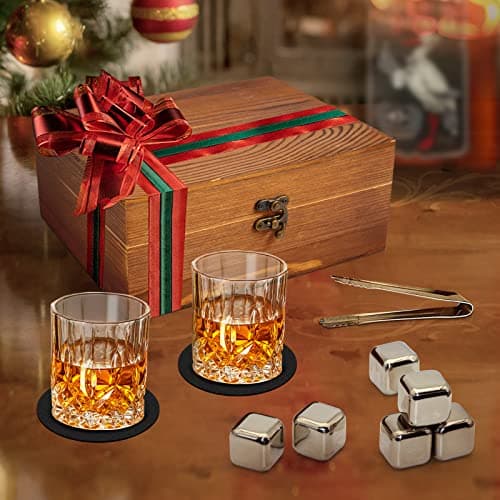 Whiskey Set Gifts for Men, DIOXADOP 6 Stainless Steel Whisky Stones 2 Crystal Whisky Glasses 1 Blessing Card in a Exquisite Wooden Box, Prepare a Gift for Whiskey Scotch Bourbon Lover