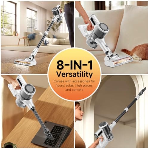 BSNAW Cordless Vacuum Cleaner for Home - Lightweight, Stick Vacuum Clean with Rechargeable Battery, Max 45Mins Runtime, 8 in 1 Handheld Vacuum for Hardfloor & Carpets Pet Hair, White&Yellow