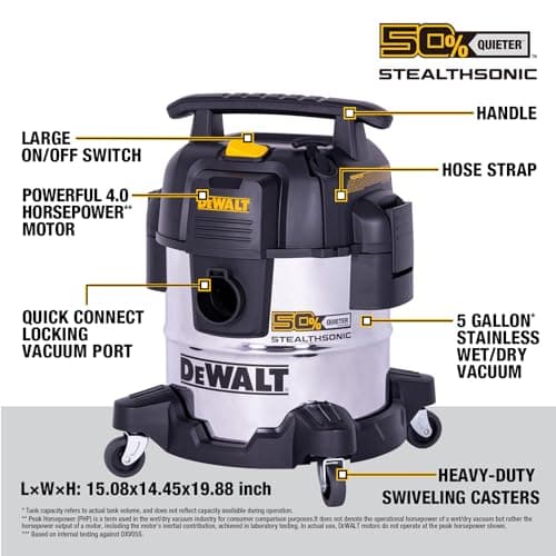 DEWALT 5 Gallon STEALTHSONIC Shop Vacuum Wet and Dry, Powerful Suction & Portable Shop Vac with Attachments, Ultra Quiet Wet Dry Vacuum for Home, Garage, Car, Workshop, Jobsite, DXV05S-QT, 4 Peak HP