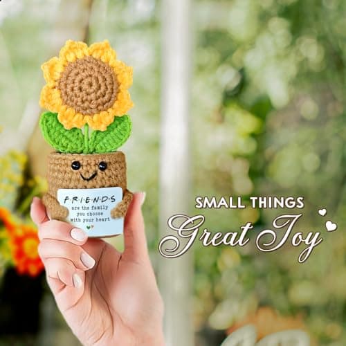 Mini Sunflower Crochet Gift with Card for Women Best Friend, Soul Sister, Long Distance Pal, Friends Are the Family You Choose, Cute Decor for Birthday, Christmas for Bestie, BFF, Coworker