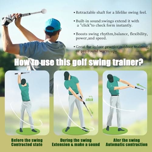 Retractable Golf Swing Training Aid, Golf Grip Trainer for Warm Up, Click Feedback Golf Swing Trainer for Improving Hitting Strength & Tempo, Ideal for Beginners, Indoor & Outdoor Practice