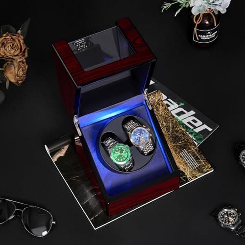 ANWBROAD ANWBROAD Watch Winder for Automatic Watches Double with Super Quiet Motor Flexible Watch Pillows LED Backlight Wooden 5 Modes Battery or Type-C Adapter UJWW001Y