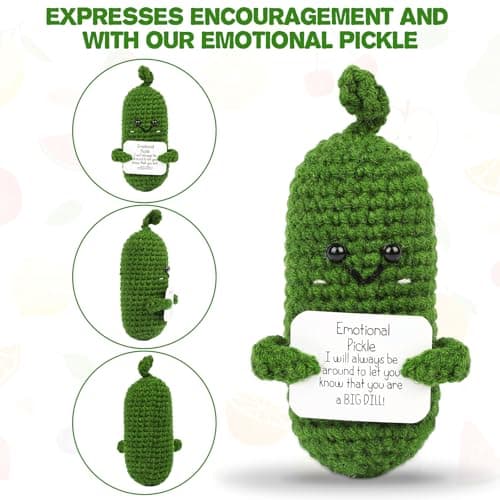 Hoedia Handmade Emotional Pickle Gift, Cucumber Crochet Doll Inspirational Gifts with Cards, Cute Knitted Funny Support Potato Friend Birthday Mothers Day Easter Basket Stuffers (Emotional Pickle)