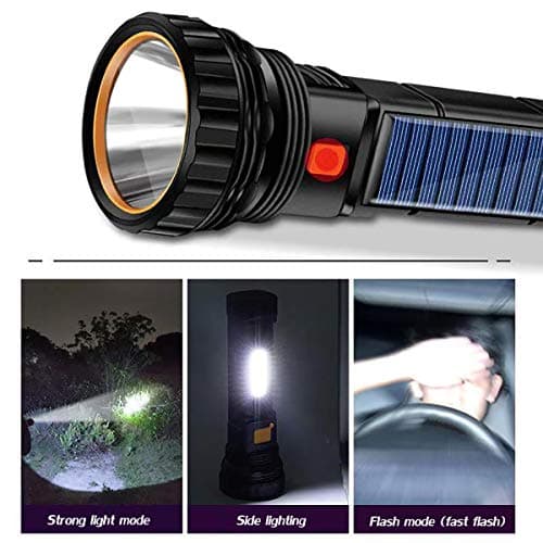 Solar/Rechargeable Multi Function 1000 Lumens LED Flashlight, with Emergency Strobe Light and 1200 Mah Battery, Emergency Power Supply and USB Charging Cable, Fast Charging (1PC)