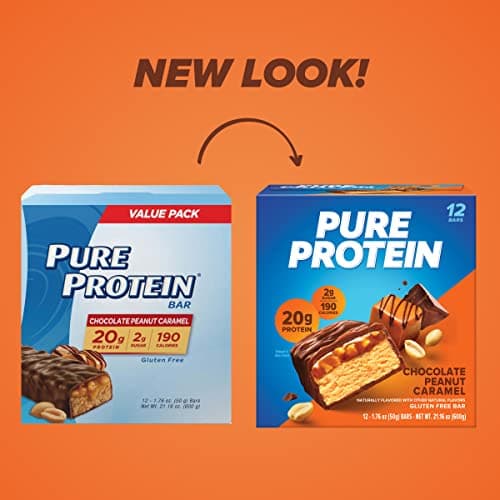 Pure Protein Chocolate Peanut Caramel Protein Bars – 20g Protein, 3g Sugar, 190 Calories (12 count) Low Sugar* High Protein Snack - Gluten Free - Perfect for a Healthy Snack