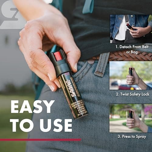 SABRE 3-in-1 Compact Defense Spray – Pepper Spray, Tear Gas & UV Dye, Max Police Strength, Belt Clip for Quick Access, 4X Longer Spray Time (Up to 13 Seconds), 0.67 fl oz, Secure & Easy Safety