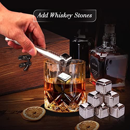 Whiskey Set Gifts for Men, DIOXADOP 6 Stainless Steel Whisky Stones 2 Crystal Whisky Glasses 1 Blessing Card in a Exquisite Wooden Box, Prepare a Gift for Whiskey Scotch Bourbon Lover