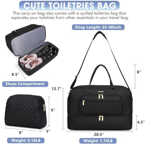 LUOCIP Large Women Travel Duffle Bag, Carry on Bag with Wet Toiletry Pocket for Overnight, Weekend, Yoga, Gym, Business Trips, Sport and Hospital, Black