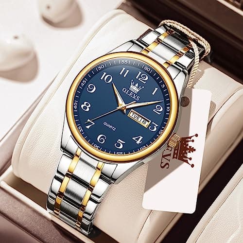 OLEVS Men's Casual Stainless Steel Watch, Big Face Easy to Read Analog Quartz Watch with Day and Date, Classic Waterproof Diamond Roman Arabic Numerals Dial Dress Watch for Men, Gold Silver Black Band