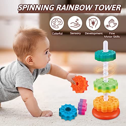 Baby Spinning Stacking Toys for Toddlers 1-3, Rainbow Ring Stacker Montessori Toys for Babies 6-12 Months, 1 2 3 One Year Old Girl Boy Christmas Birthday Gifts, Autism Sensory Learning Toy