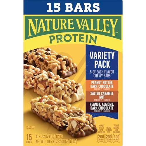 Nature Valley Protein Bars Variety Pack, Gluten Free Chewy Granola Snack Bars, 10g Protein, Peanut Butter Dark Chocolate, Salted Caramel Nut, Peanut Almond Dark Chocolate, 15 Count, 21.3 oz Box