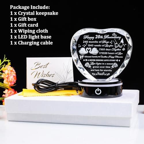 YWHL 20th Anniversary Crystal Heart Gifts for Wife Husband, Laser Engraved Romantic 20 Year Wedding Anniversary Crystal Keepsake Gifts for Her Him, 20 Years of Marriage Gift for Couples Friends