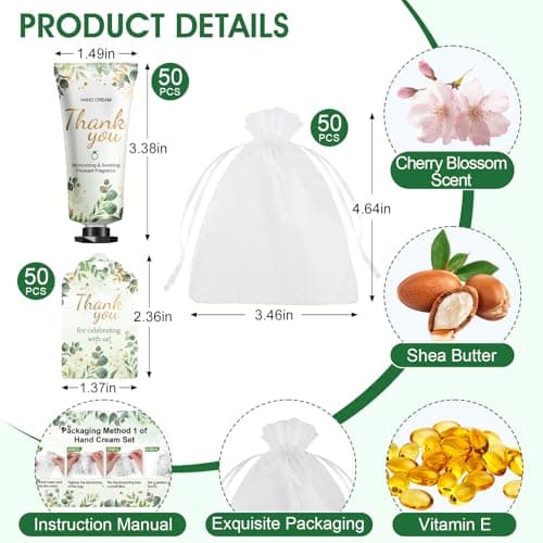 50 Pack Bulk Hand Cream Gifts Sets, Wedding Party Favors, Bridal Shower Gifts and Baby Shower Party Favors for Guests with Organza Bag and Thank You Card, Bulk Thank You Gifts for Women(Eucalyptus)