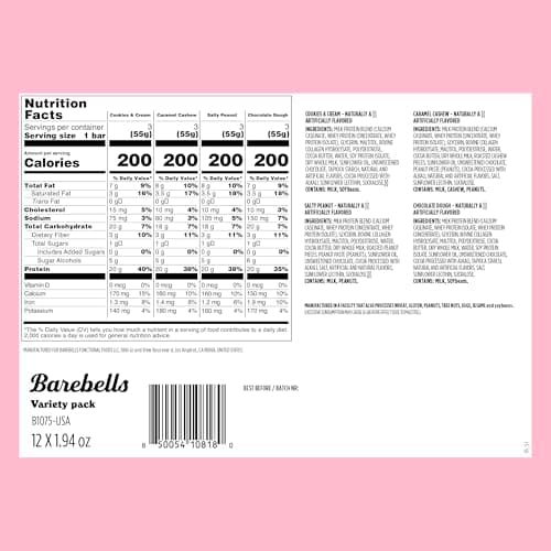 Barebells Protein Bars Variety Pack - 12 Count, 1.9oz Bars - Protein Snacks with 20g of High Protein - Chocolate Protein Bar with 1g of Total Sugars - Perfect on The Go Protein Snack & Breakfast Bars