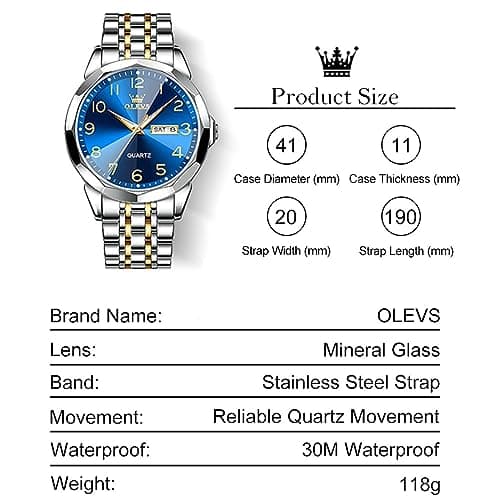 OLEVS Men's Casual Stainless Steel Watch, Big Face Easy to Read Analog Quartz Watch with Day and Date, Classic Waterproof Diamond Roman Arabic Numerals Dial Dress Watch for Men, Gold Silver Black Band