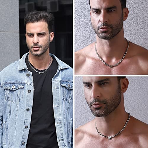DuoDiner Initial A-Z Cuban Link Chain Necklaces for Men Boys Women Letter Pendant Stainless Steel 6.5mm 18+2 Inches,Jewelry Gifts