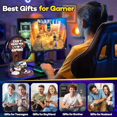 Slothoem-Gamer Gifts for Men Teenage Boy, Gamer Room Decor for Brother, Gaming Gifts for Son, Boyfriend, Husband, Gamer Room Accessories Stuff, Wooden Headset Stand - Can't Hear You I'm Gaming