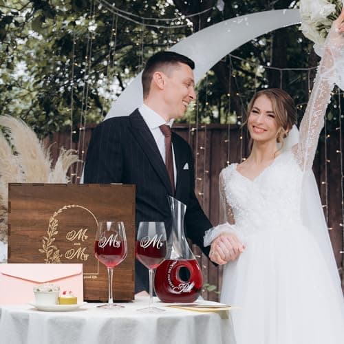 AW BRIDAL Mr and Mrs Wine Glasses and Decanter Set, Wedding Bridal Shower Engagement Gift for Couples 2025, Wedding Glasses for Anniversary Bride Bachelorette with Wood Keepsake Box
