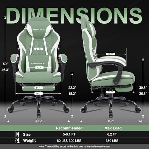 Misolant Gaming Chair, Fabric Gamer Chair with footrest for Adults, High Back Ergonomic Computer Game Chair with Adjustable Headrest and Massage Lumbar Support, 90-155° Recline Free, Green