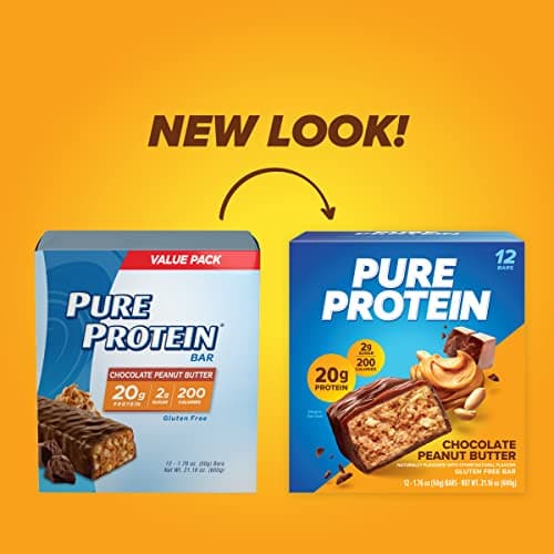 Pure Protein Chocolate Peanut Butter Protein Bars – 20g Protein, 3g Sugar, 190 Calories (12 count) Low Sugar* High Protein Snack - Gluten Free - Perfect for a Healthy Snack