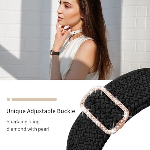 KYISGOS Stretchy Solo Loop Compatible with Apple Watch Band 42mm 41mm 40mm 38mm Women, Nylon Strap with Bling Pearl and Diamond Buckle for iWatch Series 11 10 9 8 7 6 5 4 3 2 1 SE (Black/Rose Gold)