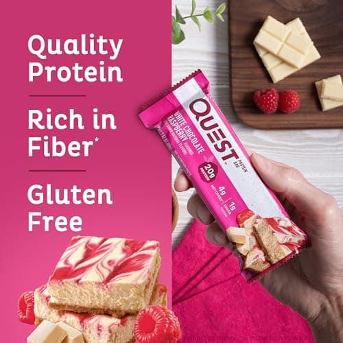 Quest Nutrition White Chocolate Raspberry Protein Bars, 20g Protein, 1g Sugar, 5g Net Carb, High Fiber, Gluten Free, Keto Friendly, 12 Count