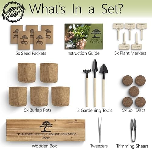 Bonsai Tree Kit for Beginners – 5X Unique Japanese Bonzai Trees | Complete Indoor Starter Kit for Growing Bonsai Plants with Tools & Planters – Gardening Gifts for Women & Men