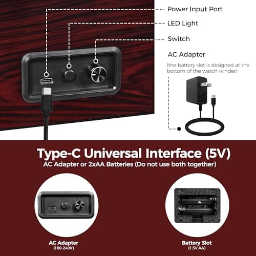 ANWBROAD ANWBROAD Watch Winder for Automatic Watches Double with Super Quiet Motor Flexible Watch Pillows LED Backlight Wooden 5 Modes Battery or Type-C Adapter UJWW001Y