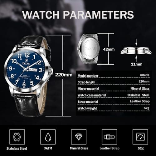 Taxau Men's Watches Leather Band Stainless Steel Quartz Analog Watch Luxury Waterproof Watches for Men Dress Men's Wrist Watch with Day Date Arabic Numeral Relojes para Hombre