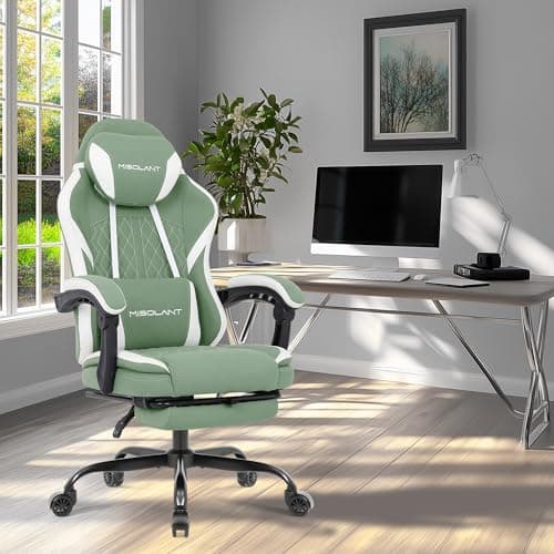 Misolant Gaming Chair, Fabric Gamer Chair with footrest for Adults, High Back Ergonomic Computer Game Chair with Adjustable Headrest and Massage Lumbar Support, 90-155° Recline Free, Green
