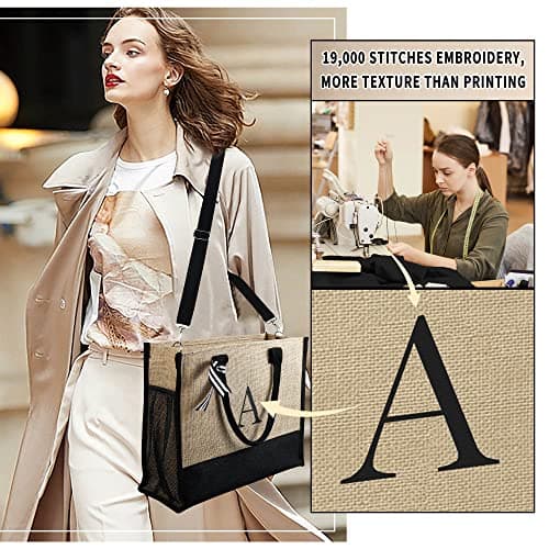 YOOLIFE Personalized Gifts for Women - Initial Jute Tote Bag & Makeup Bag, Birthday Gifts for Women Mom Wife Teacher Friend