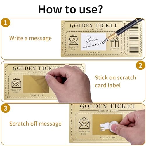 6 Pieces Golden Ticket Scratch-off Cards with Envelopes, Scratch & Reveal Surprise Ticket for Writing Your Own Special for Birthday, Girlfriends, Wives, Valentine's Day Card, Christmas Gift Card