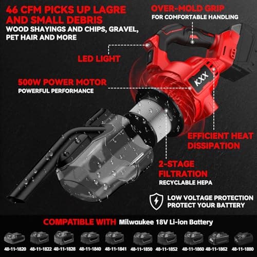 KXX Cordless Vacuum for Milwaukee M18 Battery, 5 in 1 Handheld Electric Vacuum Cleaner with 500W Powerful Motor, 46 CFM Portable Hand Vacuum with Filtration HEPA for Floor, Carpet, Car (Tool Only)