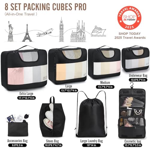 Veken 10 Set/8 Set Packing Cubes for Travel Essentials, Suitcase Organizer Bags in 4 Sizes, Carry-On Luggage Accessories with Large Laundry & Toiletry Bag, Must-Have for Airplane, Road Trip & Camping