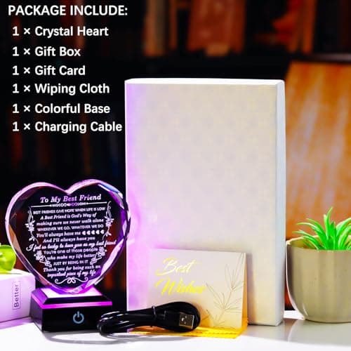 Best Friend Birthday Gifts with Colorful LED Base Crystal to My Best Friend Heart Gifts Friendship Gift for Women for Christmas Female Friend Gift Ideas BFF Gift for Her, Bestie Gifts