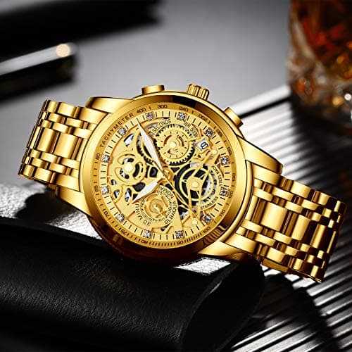 NEKTOM Watches for Men with Stainless Steel, Quartz Analog Watch with Date, Luxury Minimalist Dress Mens Watches, Chronograph Watch, 3ATM Waterproof, Black Wristwatch, Gifts for Men