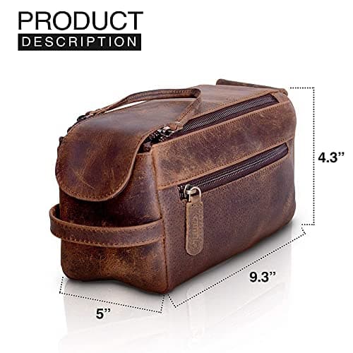 KomalC Premium Buffalo Leather Toiletry Bag for Men & Women – Leather Dopp Kit With Water resistant Lining, Premium Toiletry Travel Pouch, Unisex Wash Bag for Toiletries, Gifts for Men and Women