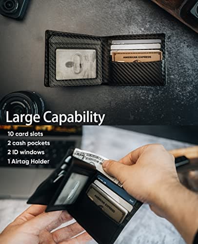 Serovi AirTag Wallet for Men Genuine Leather Bifold Wallet with AirTag Holder RFID Blocking Wallet With 2 ID Window and 12 Cards Holders Gift Box (Airtag Not included)