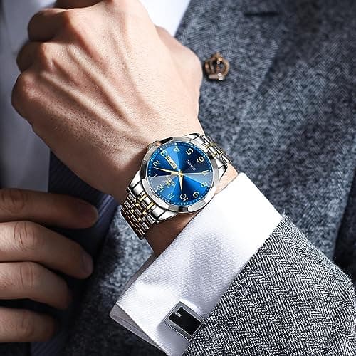 OLEVS Men's Casual Stainless Steel Watch, Big Face Easy to Read Analog Quartz Watch with Day and Date, Classic Waterproof Diamond Roman Arabic Numerals Dial Dress Watch for Men, Gold Silver Black Band