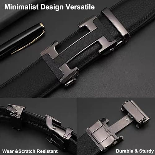 VJK Men's Leather Belt Ratchet Belt Dress with Premium Leather Slide Belt with Easier Adjustable Automatic Buckle Casual Accessories for Every Occasion (49in)
