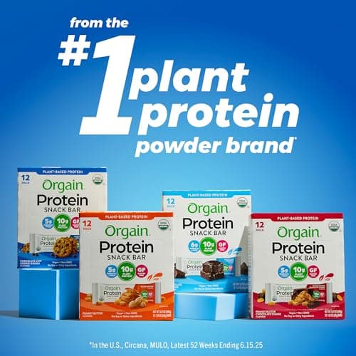 Orgain Organic Vegan Protein Bars, Peanut Butter Chocolate Chunk - 10g Plant Based Protein, Low Calorie Healthy Snacks, No Lactose or Soy Ingredients, Gluten Free, Non-GMO - 1.41 Oz (Pack of 12)