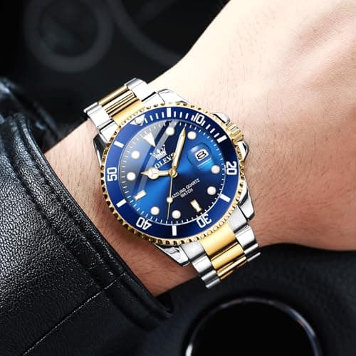 OLEVS Men's Stainless Steel Watch, Big Face Easy to Read Analog Quartz Dress Watches, Classic Rotating Bezel Waterproof Luminous Hands Date Mens Wristwatch