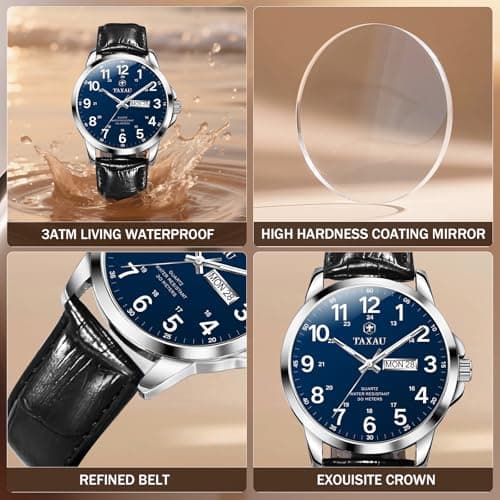 Taxau Men's Watches Leather Band Stainless Steel Quartz Analog Watch Luxury Waterproof Watches for Men Dress Men's Wrist Watch with Day Date Arabic Numeral Relojes para Hombre