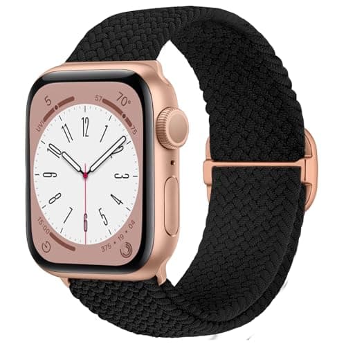 KYISGOS Stretchy Solo Loop Compatible with Apple Watch Band 42mm 41mm 40mm 38mm Women, Nylon Strap with Bling Pearl and Diamond Buckle for iWatch Series 11 10 9 8 7 6 5 4 3 2 1 SE (Black/Rose Gold)