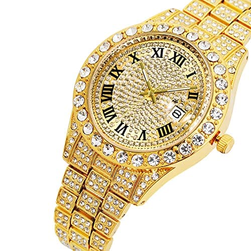 HUNRUY Hip Hop Watches for Men Iced-Out Bling Diamond Luxury Quartz Watches with Date