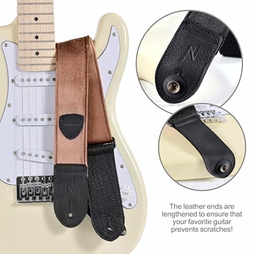 Nefelibata Guitar Strap,Double Full-Grain Leather Ends,Vintage Velvet Strap/FREE BONUS-4 Picks+Strap Locks+Strap Button,Gift For Bass,Electric&Acoustic Guitars(Vintage Coffee Brown)