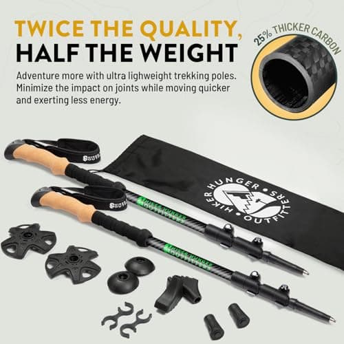 100% Carbon Fiber Trekking Poles by USA Brand - Ultra Strong Lightweight Collapsible Hiking Poles with Cork and EVA Foam Grips & Quick Adjustable Flip Locks