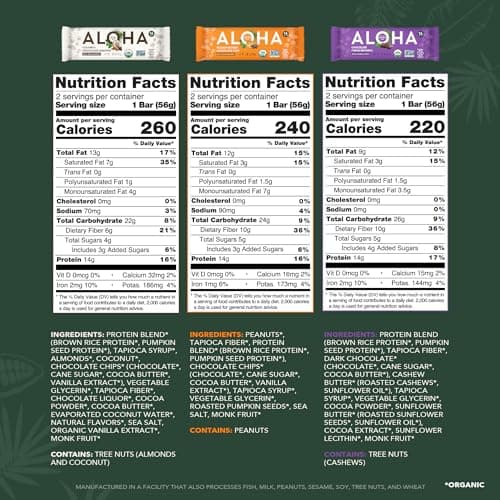 ALOHA Organic Plant Based Protein Bars - 6 Flavor Variety Pack - 12 Count, 1.9oz Bars - Vegan Snacks, Low Sugar, Gluten-Free, Low Carb, Paleo, Non-GMO, Stevia-Free, No Sugar Alcohol Sweeteners